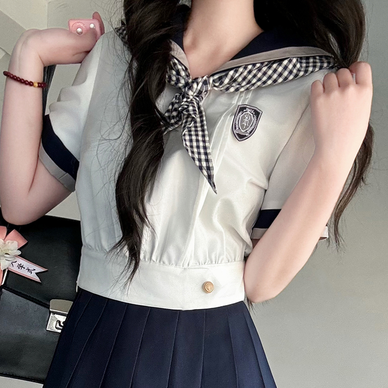 Black and White Plaid Women's Short Sleeve Sailor Suit - Summer JK Uniform with Navy Collar, Pudding Bear Inspired College Style Black and White Plaid Women's Short Sleeve Sailor Suit - Summer JK Uniform with Navy Collar, Pudding Bear Inspired College Style