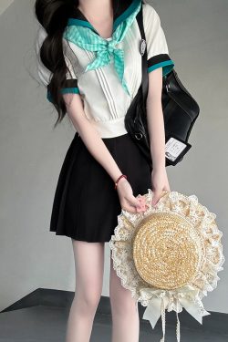 Black and White Plaid Women's Short Sleeve Sailor Suit - Summer JK Uniform with Navy Collar, Pudding Bear Inspired College Style