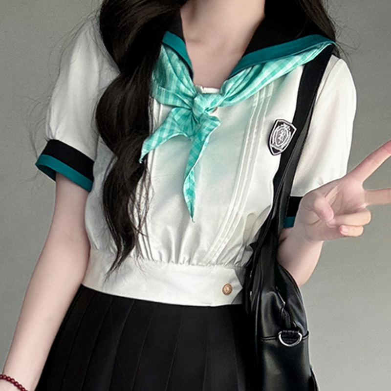 Black and White Plaid Women's Short Sleeve Sailor Suit - Summer JK Uniform with Navy Collar, Pudding Bear Inspired College Style Black and White Plaid Women's Short Sleeve Sailor Suit - Summer JK Uniform with Navy Collar, Pudding Bear Inspired College Style