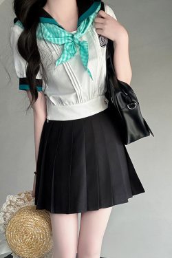 Black and White Plaid Women's Short Sleeve Sailor Suit - Summer JK Uniform with Navy Collar, Pudding Bear Inspired College Style