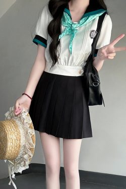 Black and White Plaid Women's Short Sleeve Sailor Suit - Summer JK Uniform with Navy Collar, Pudding Bear Inspired College Style