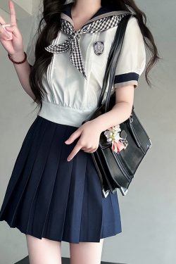 Black and White Plaid Women's Short Sleeve Sailor Suit - Summer JK Uniform with Navy Collar, Pudding Bear Inspired College Style