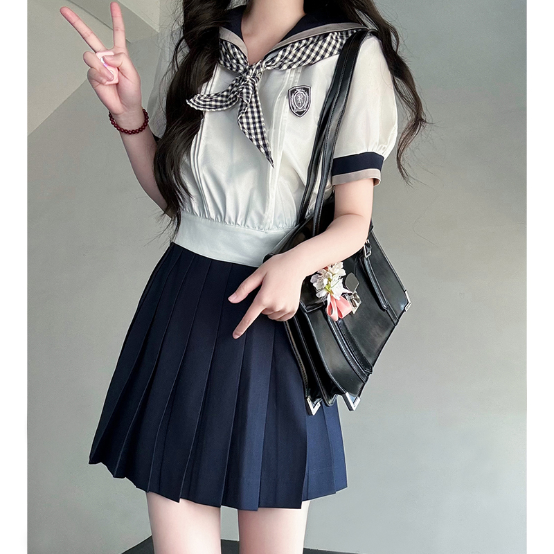 Black and White Plaid Women's Short Sleeve Sailor Suit - Summer JK Uniform with Navy Collar, Pudding Bear Inspired College Style Black and White Plaid Women's Short Sleeve Sailor Suit - Summer JK Uniform with Navy Collar, Pudding Bear Inspired College Style