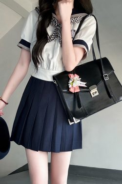 Black and White Plaid Women's Short Sleeve Sailor Suit - Summer JK Uniform with Navy Collar, Pudding Bear Inspired College Style