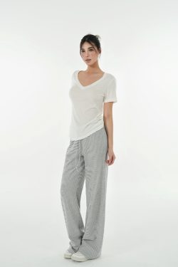Black and White Striped Off-Shoulder T-Shirt and Straight-Leg Floor-Length Casual Pants Set - Chic Summer Outfit for 90s Style