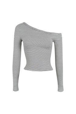 Black and White Striped Off-Shoulder T-Shirt and Straight-Leg Floor-Length Casual Pants Set - Chic Summer Outfit for 90s Style