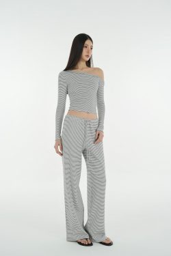 Black and White Striped Off-Shoulder T-Shirt and Straight-Leg Floor-Length Casual Pants Set - Chic Summer Outfit for 90s Style