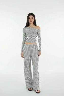 Black and White Striped Off-Shoulder T-Shirt and Straight-Leg Floor-Length Casual Pants Set - Chic Summer Outfit for 90s Style