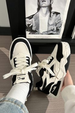 Black and White Unisex Thick-Soled Sneakers - Summer Mesh Breathable Couple Shoes - Versatile Popular Little White Shoes for Women