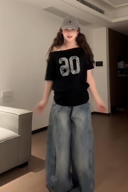 Black Asymmetrical Shoulder Short Sleeve Off-Shoulder T-Shirt with Digital Print – Trendy Women's Casual Summer Top in American Style