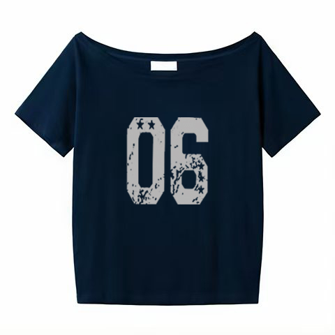 Black Asymmetrical Shoulder Short Sleeve Off-Shoulder T-Shirt with Digital Print – Trendy Women's Casual Summer Top in American Style Black Asymmetrical Shoulder Short Sleeve Off-Shoulder T-Shirt with Digital Print – Trendy Women's Casual Summer Top in American Style