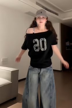 Black Asymmetrical Shoulder Short Sleeve Off-Shoulder T-Shirt with Digital Print – Trendy Women's Casual Summer Top in American Style