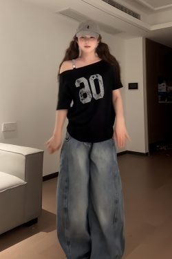 Black Asymmetrical Shoulder Short Sleeve Off-Shoulder T-Shirt with Digital Print – Trendy Women's Casual Summer Top in American Style