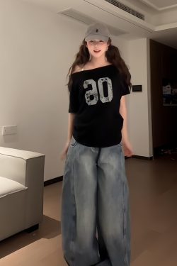 Black Asymmetrical Shoulder Short Sleeve Off-Shoulder T-Shirt with Digital Print – Trendy Women's Casual Summer Top in American Style