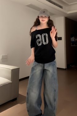 Black Asymmetrical Shoulder Short Sleeve Off-Shoulder T-Shirt with Digital Print – Trendy Women's Casual Summer Top in American Style