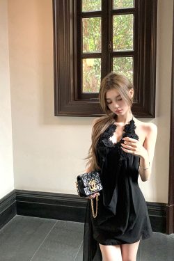 Black Backless Halter Neck Chiffon Dress with Lace - Summer Nanyang Dream Style, Short Skirt, Perfect for 90s and Y2K Fashion