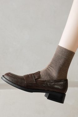 Black Chunky Heel Mid-Heel Loafers for Women - Sheepskin Round-Toe Leather Shoes - British Style Spring/Summer 2025 Fashion