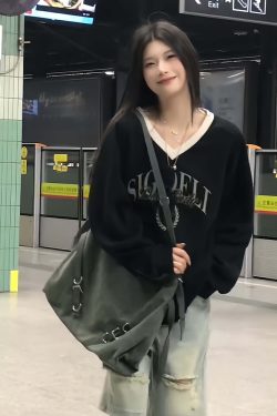 Black Color-Blocking V-Neck Sweatshirt for Women - Casual Long Sleeve Pullover with Letter Print - Spring 90s Lazy Style
