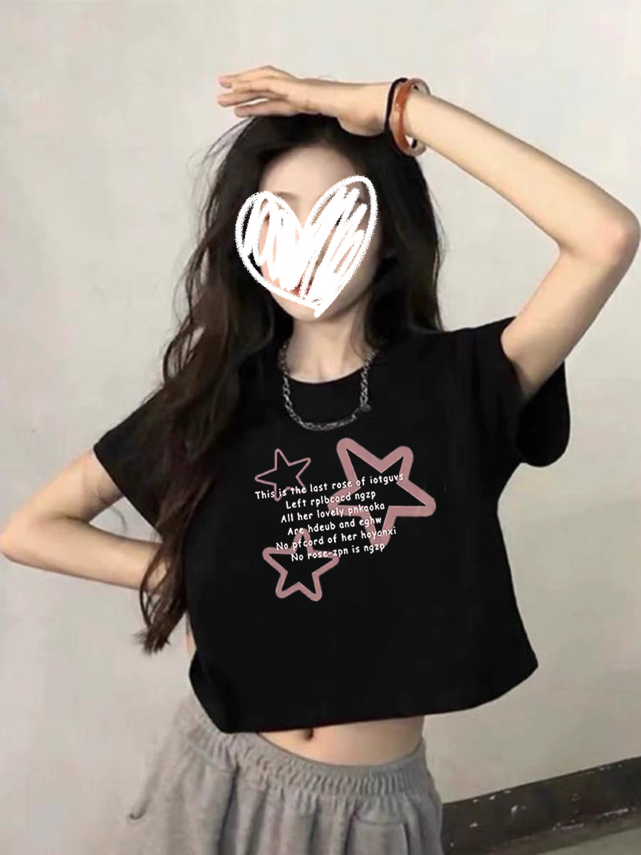 Black Cropped Short-Sleeve T-Shirt for Women - Youthful Summer Style for Petite Students and Big Kids, Cool and Trendy Fashion Black Cropped Short-Sleeve T-Shirt for Women - Youthful Summer Style for Petite Students and Big Kids, Cool and Trendy Fashion