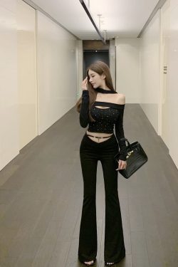 Black Flared Casual Pants with Elastic V-Shaped Hollow Waist - Slim Fit Luna Lona Design for Trendy 90s Y2K Style