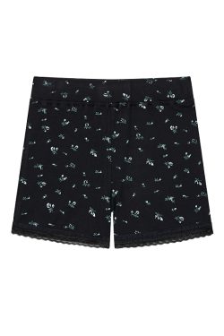 Black Floral Casual Shorts with Lace Details - Elastic Fabric Hot Pants for Home and Summer Wear