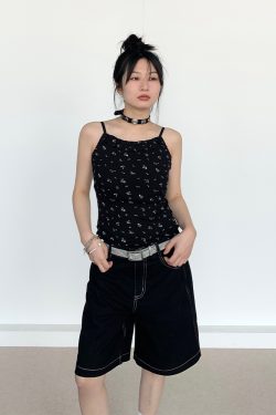 Black Floral Ruffled Strap Tank Top - Casual Fitted Vest for Summer 2024, Perfect for Y2K and 90s Style Fashion