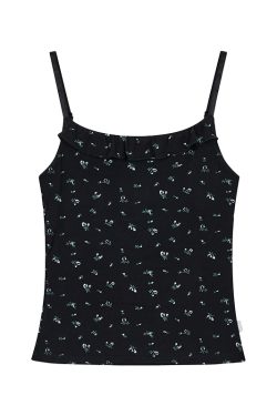 Black Floral Ruffled Strap Tank Top - Casual Fitted Vest for Summer 2024, Perfect for Y2K and 90s Style Fashion