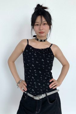 Black Floral Ruffled Strap Tank Top - Casual Fitted Vest for Summer 2024, Perfect for Y2K and 90s Style Fashion