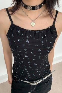 Black Floral Ruffled Strap Tank Top - Casual Fitted Vest for Summer 2024, Perfect for Y2K and 90s Style Fashion