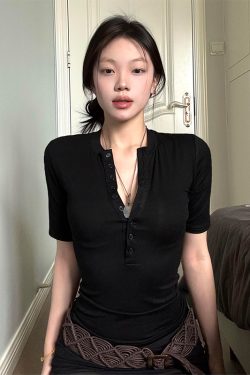 Black Henley Collar Short Sleeve Women's Slim Fit Summer Tee - Trendy Half Sleeve Top for Hot Girl Style