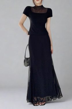 Black High-Neck Mesh Splicing Short-Sleeve T-Shirt for Women, Slim-Fit Cropped Base Layer Top, Waist-Cinching Summer Fashion 2025