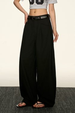 Black High-Waisted Straight-Leg Casual Pants for Women - Vintage Loose Wide-Leg Style for Summer 2025, American 90s Inspired Fashion
