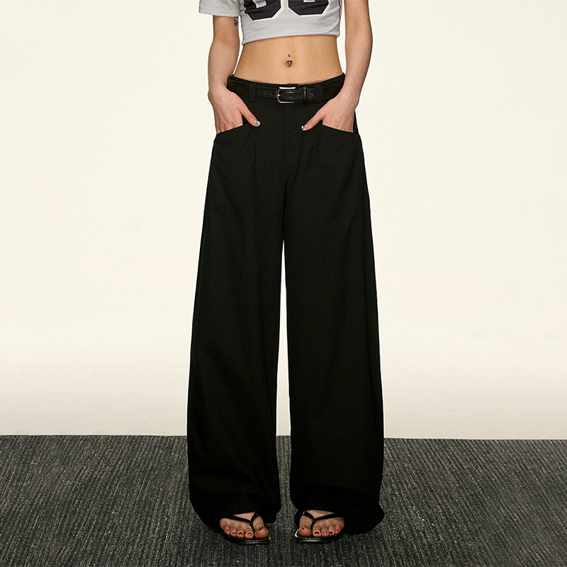 Black High-Waisted Straight-Leg Casual Pants for Women - Vintage Loose Wide-Leg Style for Summer 2025, American 90s Inspired Fashion Black High-Waisted Straight-Leg Casual Pants for Women - Vintage Loose Wide-Leg Style for Summer 2025, American 90s Inspired Fashion