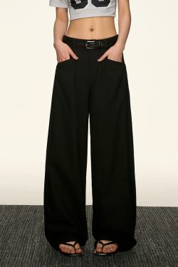 Black High-Waisted Straight-Leg Casual Pants for Women - Vintage Loose Wide-Leg Style for Summer 2025, American 90s Inspired Fashion