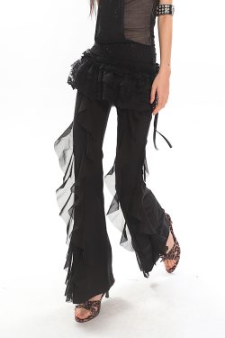 Black High-Waisted Straight-Leg Casual Pants for Women with Flowing Ribbons - Trendy Slimming Style for 90s and Y2K Fashion