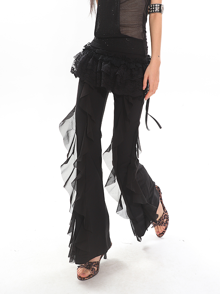 Black High-Waisted Straight-Leg Casual Pants for Women with Flowing Ribbons - Trendy Slimming Style for 90s and Y2K Fashion Black High-Waisted Straight-Leg Casual Pants for Women with Flowing Ribbons - Trendy Slimming Style for 90s and Y2K Fashion