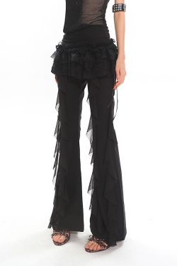 Black High-Waisted Straight-Leg Casual Pants for Women with Flowing Ribbons - Trendy Slimming Style for 90s and Y2K Fashion