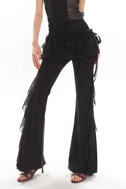 Black High-Waisted Straight-Leg Casual Pants for Women with Flowing Ribbons - Trendy Slimming Style for 90s and Y2K Fashion