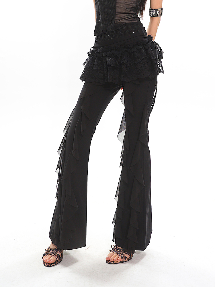 Black High-Waisted Straight-Leg Casual Pants for Women with Flowing Ribbons - Trendy Slimming Style for 90s and Y2K Fashion Black High-Waisted Straight-Leg Casual Pants for Women with Flowing Ribbons - Trendy Slimming Style for 90s and Y2K Fashion