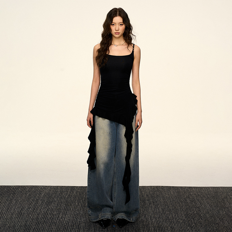 Black Irregular Symmetrical Strap Ruffled Sleeveless Top - Women's Summer Trendy Fashion for Hot Girl Vibes Black Irregular Symmetrical Strap Ruffled Sleeveless Top - Women's Summer Trendy Fashion for Hot Girl Vibes