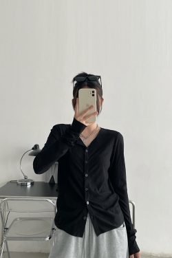 Black Long Sleeve Elastic Waist Cardigan for Women - Flattering Slim-Fit Round Neck Top, Sexy Autumn Layering Essential