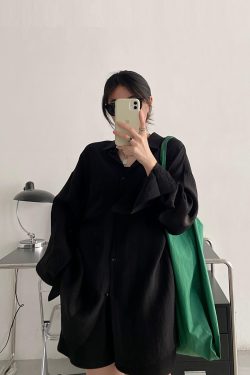 Black Long Sleeve Sun Protection Shirt for Women - Thin Loose Korean Style Tencel Jacket Top - Spring Summer Casual Fashion