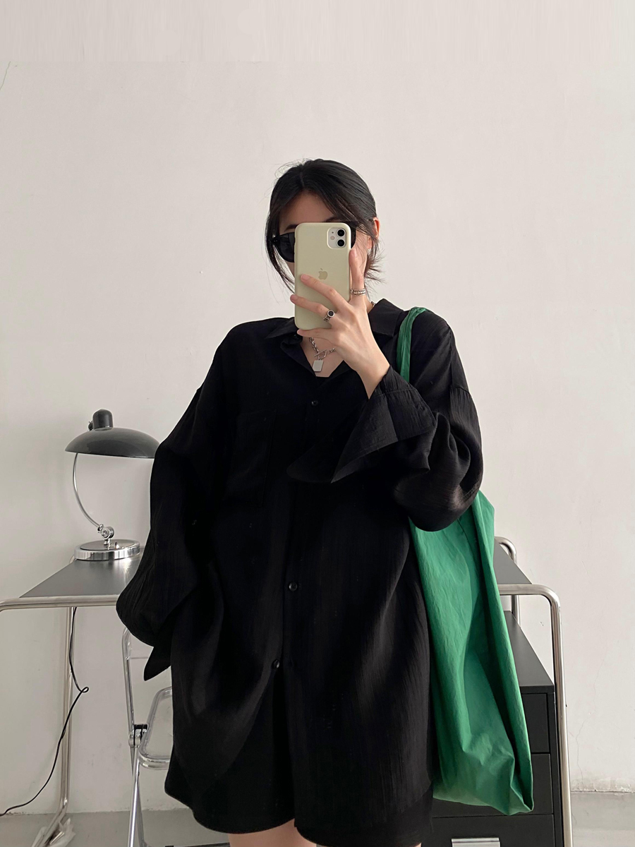 Black Long Sleeve Sun Protection Shirt for Women - Thin Loose Korean Style Tencel Jacket Top - Spring Summer Casual Fashion Black Long Sleeve Sun Protection Shirt for Women - Thin Loose Korean Style Tencel Jacket Top - Spring Summer Casual Fashion