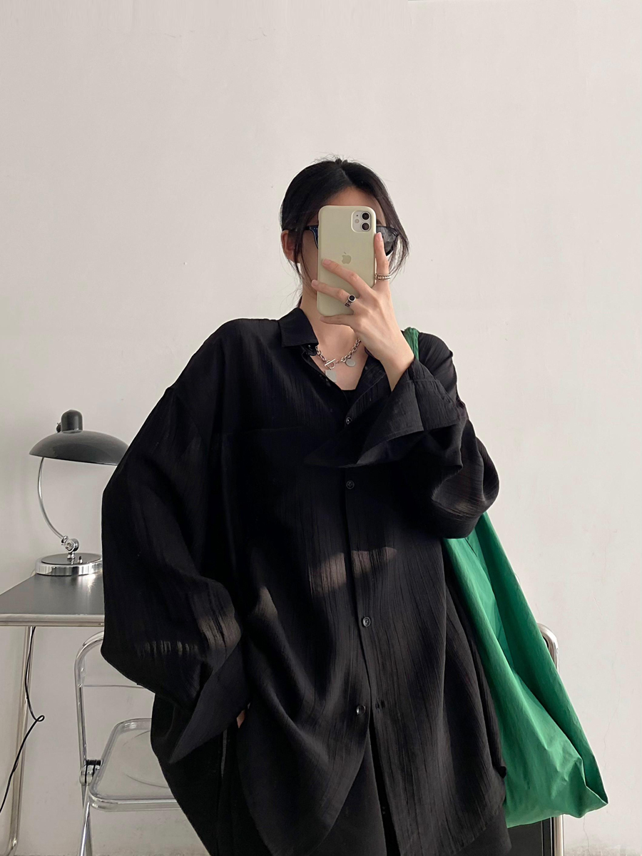 Black Long Sleeve Sun Protection Shirt for Women - Thin Loose Korean Style Tencel Jacket Top - Spring Summer Casual Fashion Black Long Sleeve Sun Protection Shirt for Women - Thin Loose Korean Style Tencel Jacket Top - Spring Summer Casual Fashion