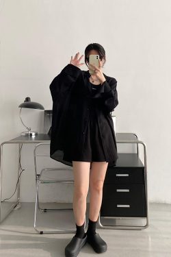 Black Long Sleeve Sun Protection Shirt for Women - Thin Loose Korean Style Tencel Jacket Top - Spring Summer Casual Fashion