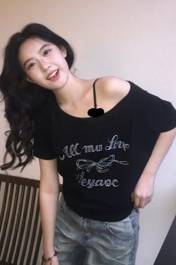Black Off-Shoulder Bow Print T-Shirt for Women - Summer Casual Loose Short Sleeve Trendy Top