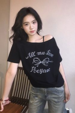 Black Off-Shoulder Bow Print T-Shirt for Women - Summer Casual Loose Short Sleeve Trendy Top
