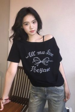 Black Off-Shoulder Bow Print T-Shirt for Women - Summer Casual Loose Short Sleeve Trendy Top