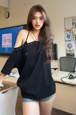 Black Off-Shoulder Women's Summer T-Shirt with Orange Rhinestone Design, Loose Fit Trendy Top, American Style Fashion Essentials