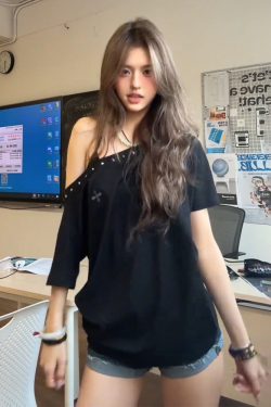 Black Off-Shoulder Women's Summer T-Shirt with Orange Rhinestone Design, Loose Fit Trendy Top, American Style Fashion Essentials